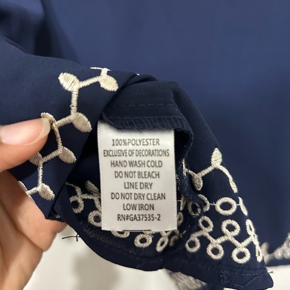 Women’s Navy Blue 3/4 Length Sleeve Crop Top with Cream Embroidery Detail - Picture 6 of 11